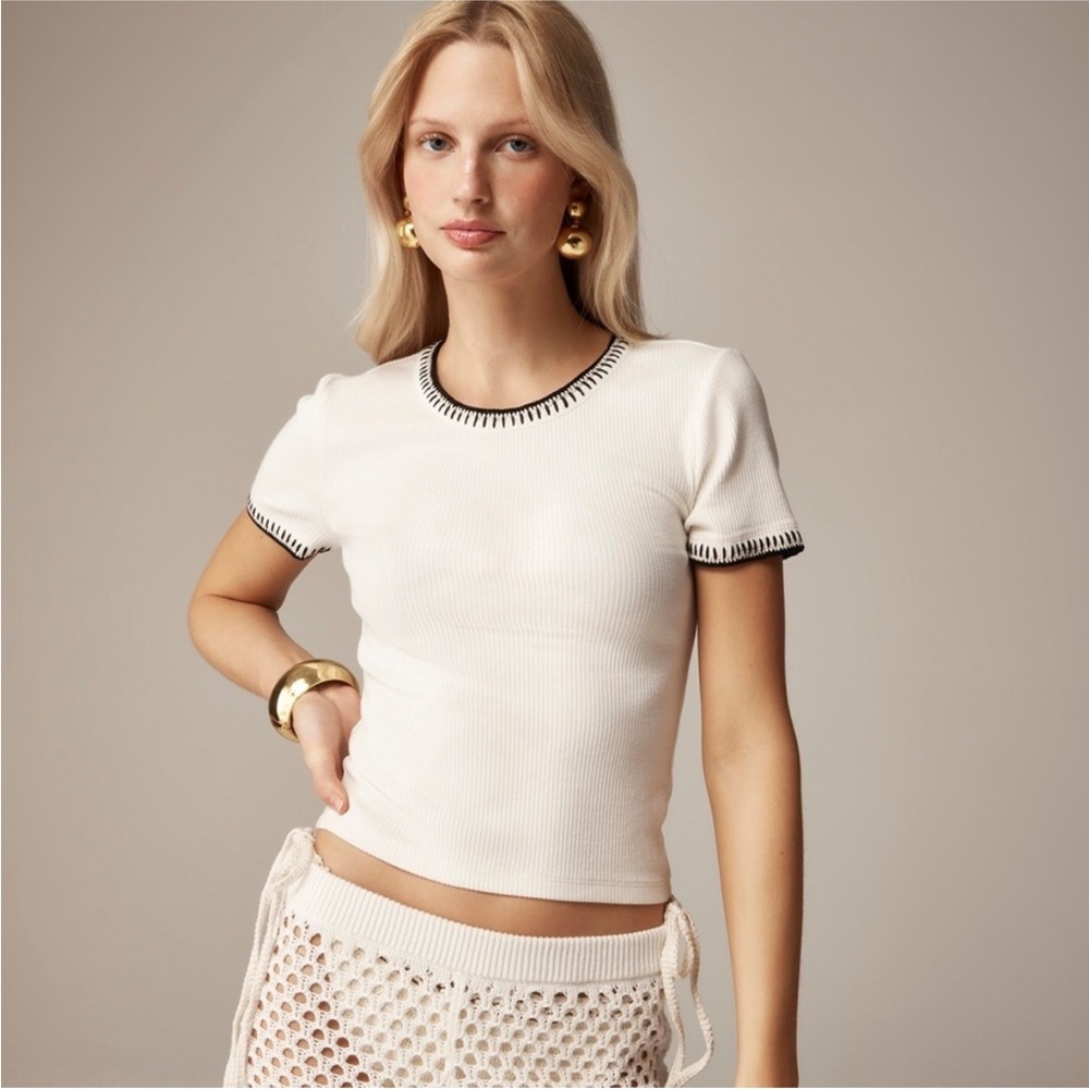 J.Crew Vintage white rib shrunken t-shirt with black contrast trim Size XL
